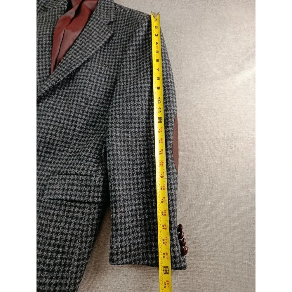 Harris Tweed Blazer Mens 38 S Charcoal Houndstouth Wool Elbow Patches Jacket